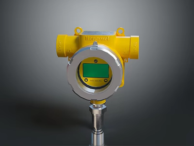 Honeywell Yellow Industrial Gas Detector With Green Display Circular Housing Mounted On Metal Pole 3d model