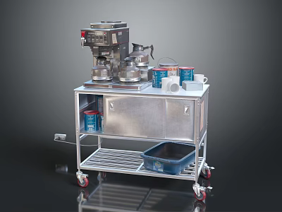 Stainless Steel Kitchen Cart With Wheels Electrical Appliances Cups Containers And Blue Basket 3d model
