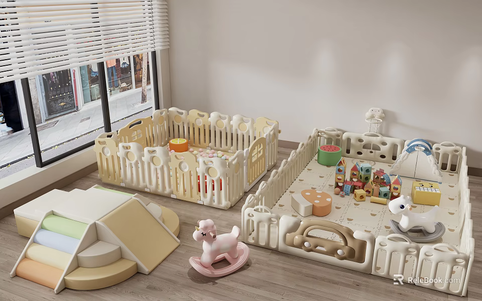 Indoor Baby Play Area With Playpen Rocking Horse Toys And Tent 3d model 