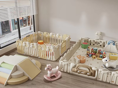 Indoor Baby Play Area With Playpen Rocking Horse Toys And Tent 3d model
