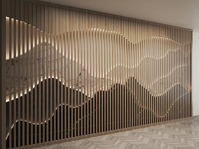 Modern Sofa Background Wall With Wooden Stripes Wavy Design And Illuminated Details 3d model