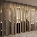 Modern Sofa Background Wall With Wooden Stripes Wavy Design And Illuminated Details