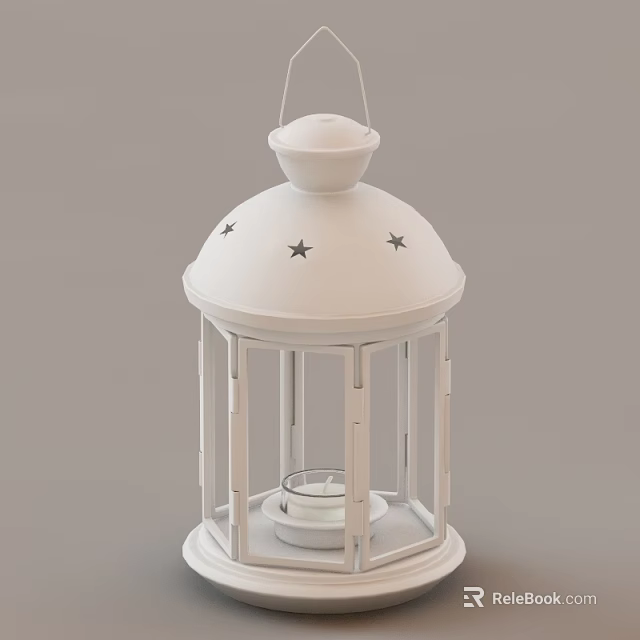 White Candle Lantern with Star Patterns on Top and Elegant Frame Structure Featuring Candle Inside 3d model 