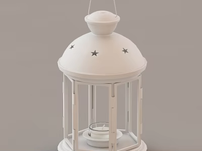 White Candle Lantern with Star Patterns on Top and Elegant Frame Structure Featuring Candle Inside 3d model