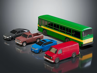 Colorful Toy Car Collection Featuring Bus Truck Sedan Van and Pickup Models 3d model