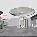Modern Luxury Store Front Desk With Marble Floor Round Ceiling Arched Doorway And Floral Decor