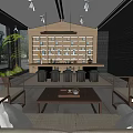 Modern Tea Room Interior With Wooden Table Tea Set Sofa Chairs And Green Plants