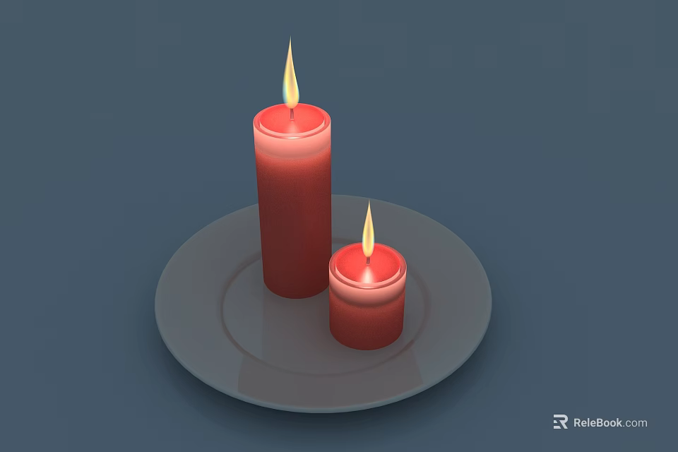 Two Red Candle Lamps Lit with Flames Placed on White Plate 3d model 