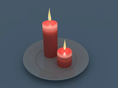 Two Red Candle Lamps Lit with Flames Placed on White Plate 3d model