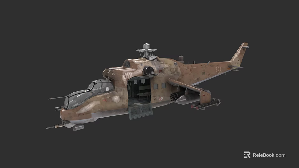 Military Helicopter With Camouflage Paint Open Side Door Radar Dome On Top And Mounted Weapons 3d model 