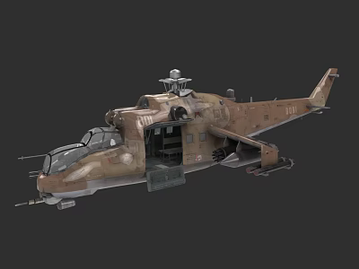 Military Helicopter With Camouflage Paint Open Side Door Radar Dome On Top And Mounted Weapons 3d model