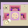 Cartoon Room Scene With Pink Sofas Purple Cushions Coffee Table Floor Lamp And Wall Clock