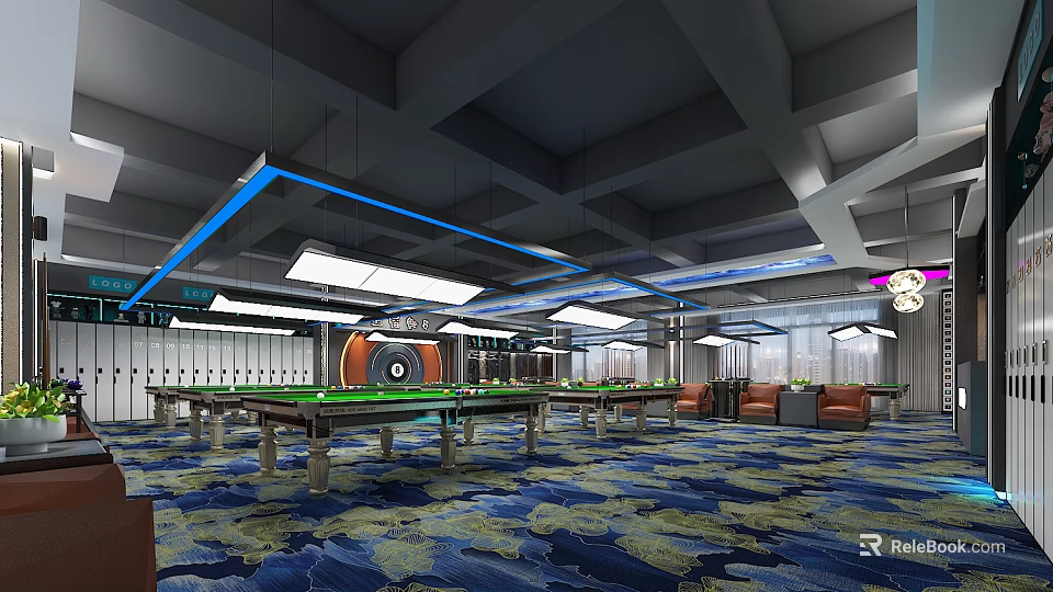 Modern Billiard Hall Interior With Pool Tables Blue Lighting And Patterned Carpet 3d model