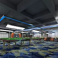 Modern Billiard Hall Interior With Pool Tables Blue Lighting And Patterned Carpet 3d model