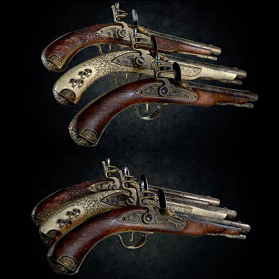 Antique Pistols With Wooden Stocks And Intricate Metal Engravings Displayed In Row 3d model