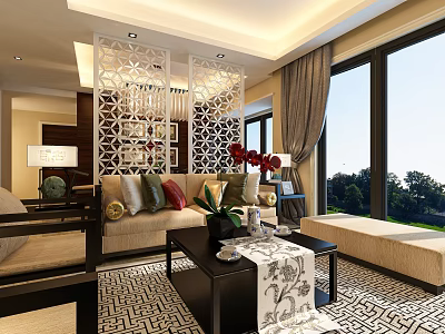 Elegant New Chinese Style Living Room With Decorative Partition Cozy Sofa And Large Window View 3d model
