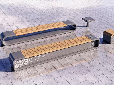 Outdoor Landscape Benches With Wooden Seats Gray Frame And Side Patterns On Tile Floor 3d model