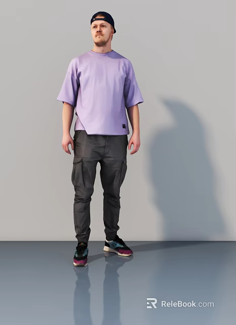 Man Wearing Purple Short Sleeve T shirt And Dark Gray Cargo Pants With Sneakers 3d model 