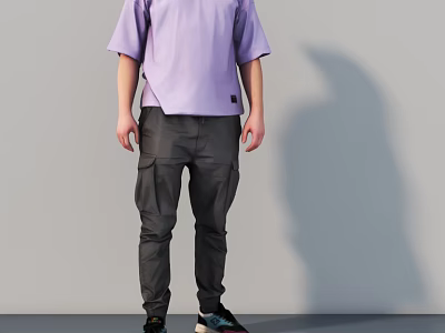 Man Wearing Purple Short Sleeve T shirt And Dark Gray Cargo Pants With Sneakers 3d model