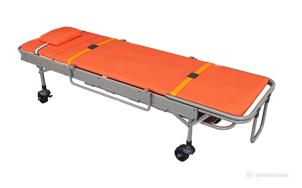Orange Medical Stretcher Trolley with Metal Frame and Wheeled Design for Patient Transport 3d model 