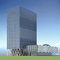 Modern Office Building With Glass Facade Diamond Pattern And Black White Striped Annex