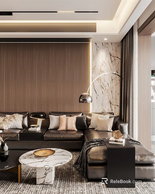 Modern Elegant Living Dining Room Interior with Sofa Marble Wall Floor Lamp Throw Pillows 3d model 