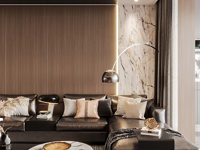 Modern Elegant Living Dining Room Interior with Sofa Marble Wall Floor Lamp Throw Pillows 3d model
