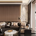 Modern Elegant Living Dining Room Interior with Sofa Marble Wall Floor Lamp Throw Pillows