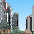 Modern Style High Rise Buildings With Glass Curtain Walls And Ground Floor Shops