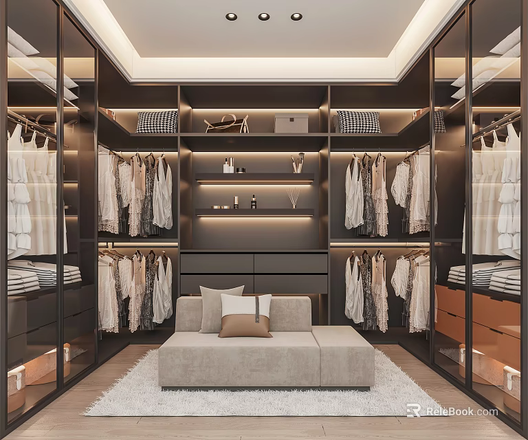 Modern Walk in Closet Interior With Glass Doors Hanging Clothes And Seating Bench 3d model 