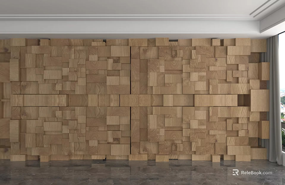 3D Wooden Block Pattern Background Wall With Textured Panel Design For Modern Interior 3d model