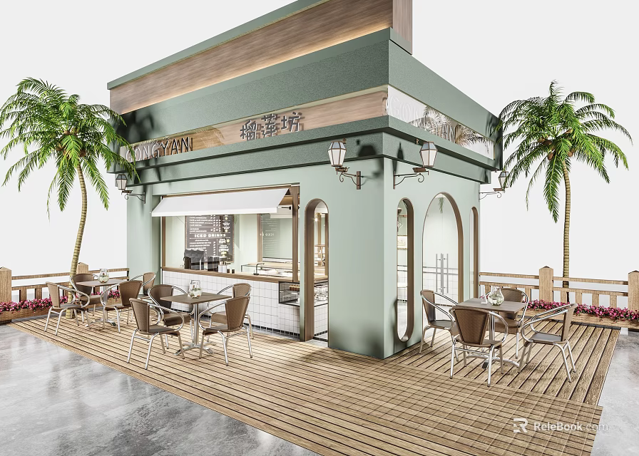 Charming Pastel Green Dessert Shop With Outdoor Seating And Palm Trees 3d model 