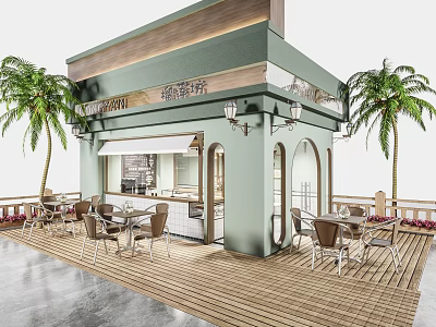 Charming Pastel Green Dessert Shop With Outdoor Seating And Palm Trees 3d model