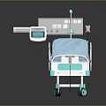 Adjustable Medical Bed With Blue Mattress Control Panel IV Pole And Wheels