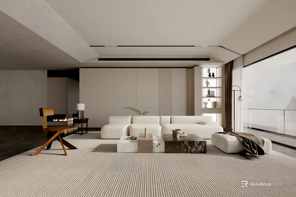 Modern Living Room Interior Design With White Sofa Coffee Table Carpet And Large Window 3d model