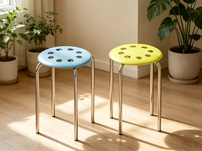 Blue and Yellow Stools with Round Holes and Silver Legs in Bright Room with Plants 3d model