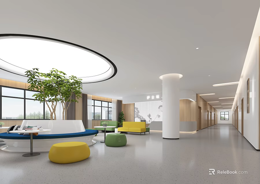 Hospital Outpatient Clinic Lobby Interior With Sofas Plants And Skylight 3d model 