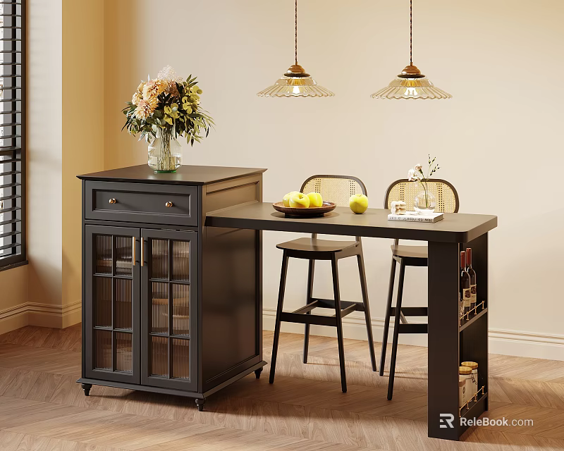Stylish Black Bar Counter With Stools Pendant Lights Fruits Flower Vase And Glass Door Cabinet 3d model 
