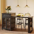 Stylish Black Bar Counter With Stools Pendant Lights Fruits Flower Vase And Glass Door Cabinet