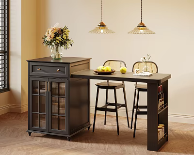 Stylish Black Bar Counter With Stools Pendant Lights Fruits Flower Vase And Glass Door Cabinet 3d model