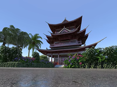 Ancient Chinese Pavilion With Multiple Curved Eaves Surrounded by Palm Trees Greenery and Flower Bushes 3d model