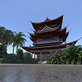 Ancient Chinese Pavilion With Multiple Curved Eaves Surrounded by Palm Trees Greenery and Flower Bushes