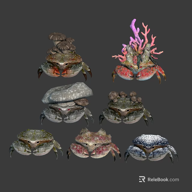 Unique Fantasy Crab Creatures With Various Decorative Shell And Coral Designs 3d model 