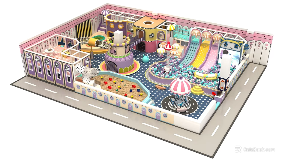 Indoor Children's Playground With Colorful Castle Multiple Slides Trampoline Area Ball Pit And Interactive Zones 3d model 