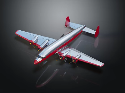 3D Rendering Of Red And Silver Passenger Airplane With Four Engines On Dark Reflective Surface 3d model