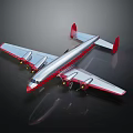 3D Rendering Of Red And Silver Passenger Airplane With Four Engines On Dark Reflective Surface
