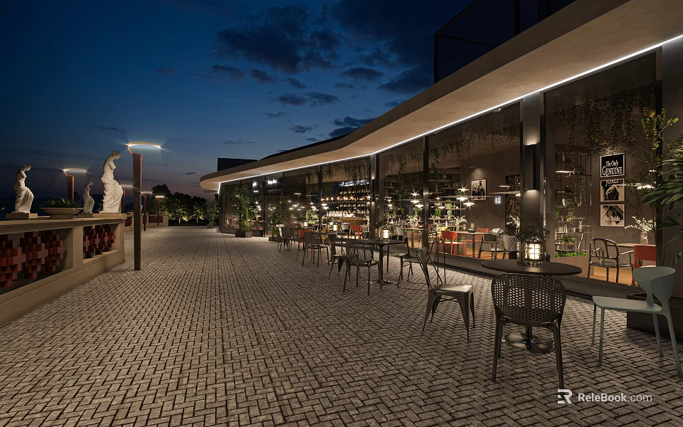 Modern Restaurant Outdoor Dining Space With Warm Lighting Green Plants And Cobblestone Pavement 3d model 