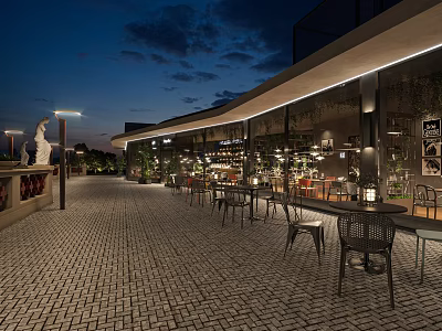 Modern Restaurant Outdoor Dining Space With Warm Lighting Green Plants And Cobblestone Pavement 3d model