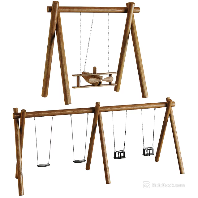 Wooden Children Playground Swing Set With Multiple Swings And Sturdy Structure 3d model 