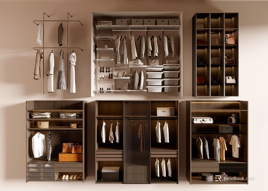 Multiple Modern Wardrobe Designs With Hanging Rods Drawers And Storage Shelves 3d model 
